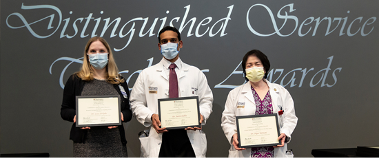 Drs. Lisa Zickuhr, Justin Sadhu and Nigar Kirmani. Medical students at Washington University presented the Distinguished Service and Teaching Awards (DSTA) to faculty and house staff in appreciation of exemplary service in medical student education on March 1, 2022. 
