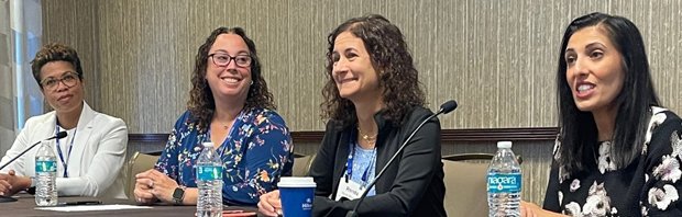 Abby Spencer, MD (2nd from left) and Rakhee Bhayani, MD (right) speak as panelists at the Alliance for Academic Internal Medicine’s Women in Medicine Leadership Development Forum in Austin, TX on April 2, 2023. (Photo: Kirsten Jones)